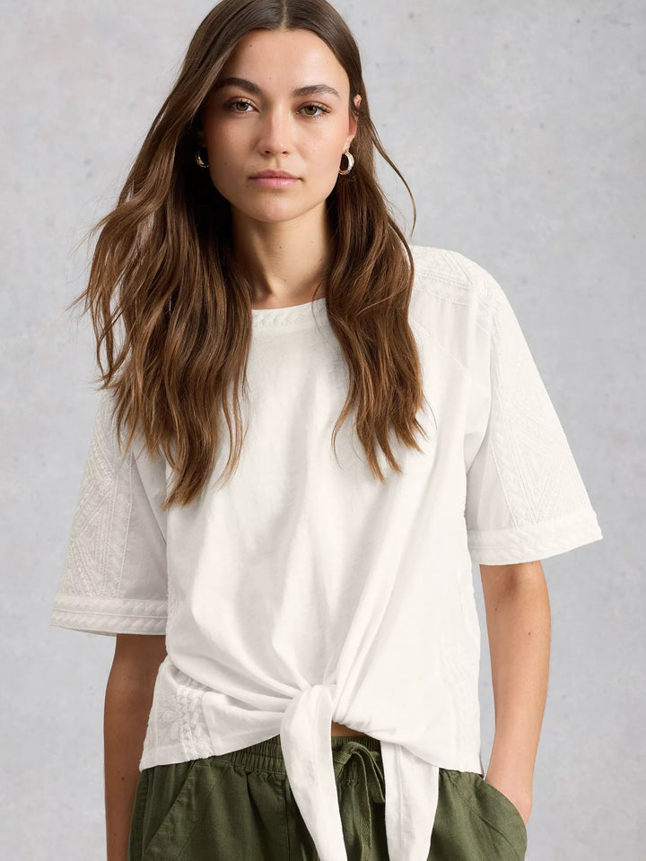 White Stuff Embroidered Tie Hem Crew Neck Top