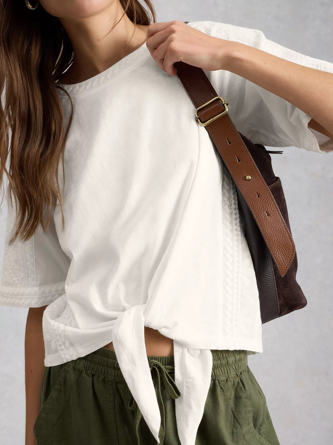 White Stuff Embroidered Tie Hem Crew Neck Top