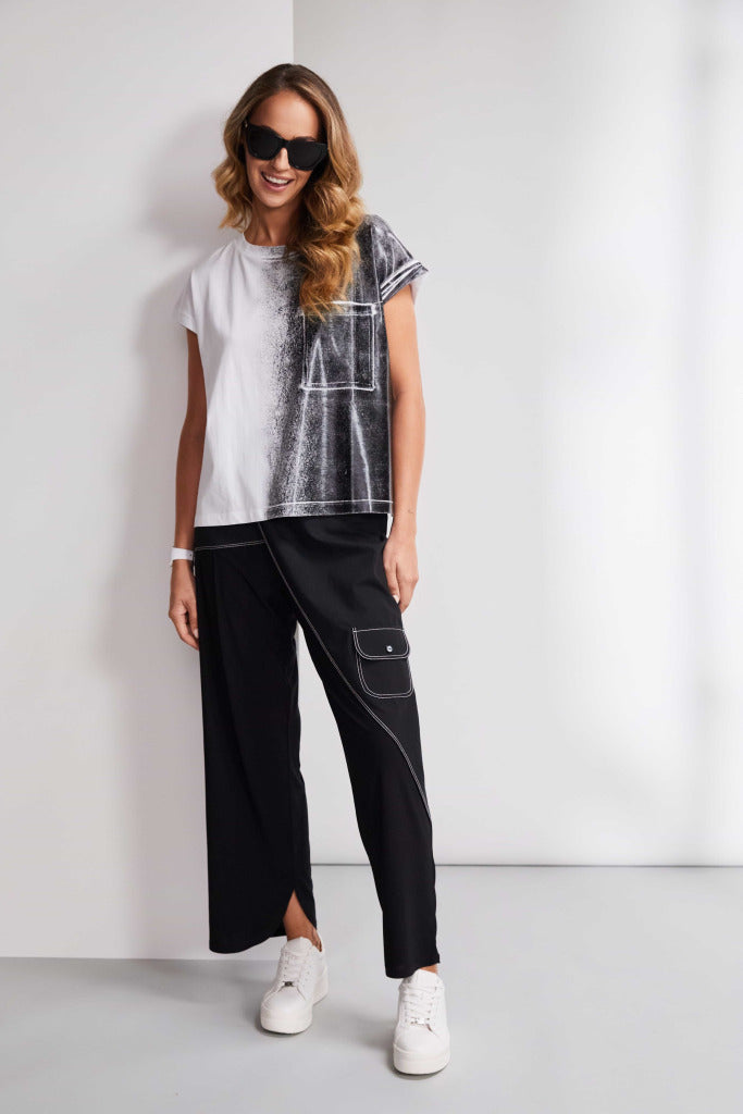 Naya Trousers with contrast stitch trousers and wrap over front.