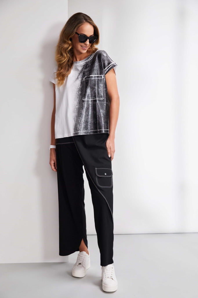 Naya Trousers with contrast stitch trousers and wrap over front.